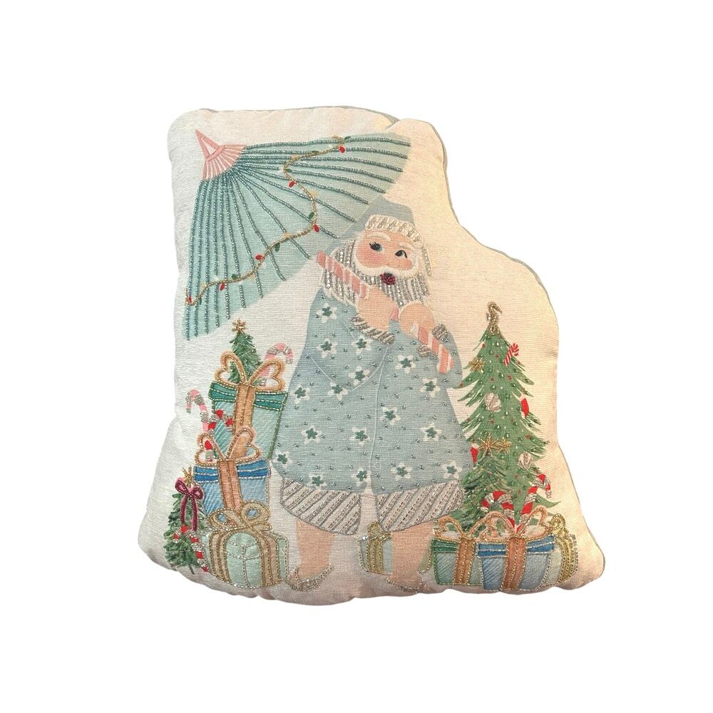Santa at the Beach Christmas Throw Pillow 17” X 17” Beautiful Beading